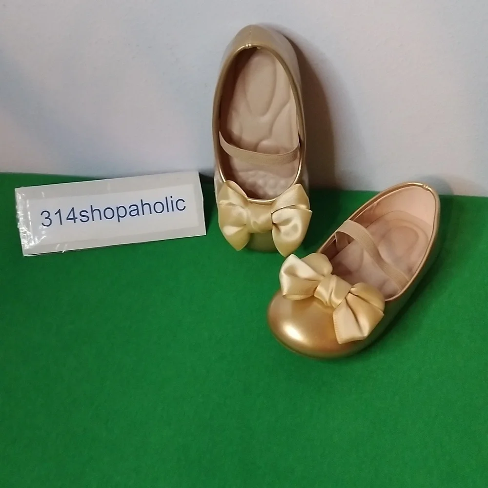 Toddler Girls Gold Patent Leather Shoes With Bow